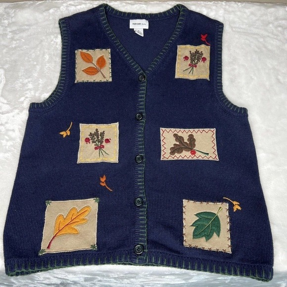 Parisian Works Women's Blue Embroidered Fall Leaf Patches Button-Up Sweater Vest - Picture 7 of 8